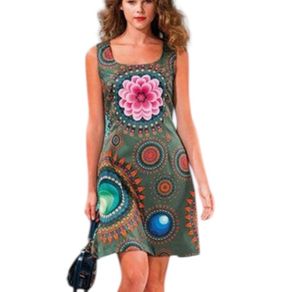 DESIGUAL Sleeveless A-Line Green Multicolor Floral Mandala Zipper Dress